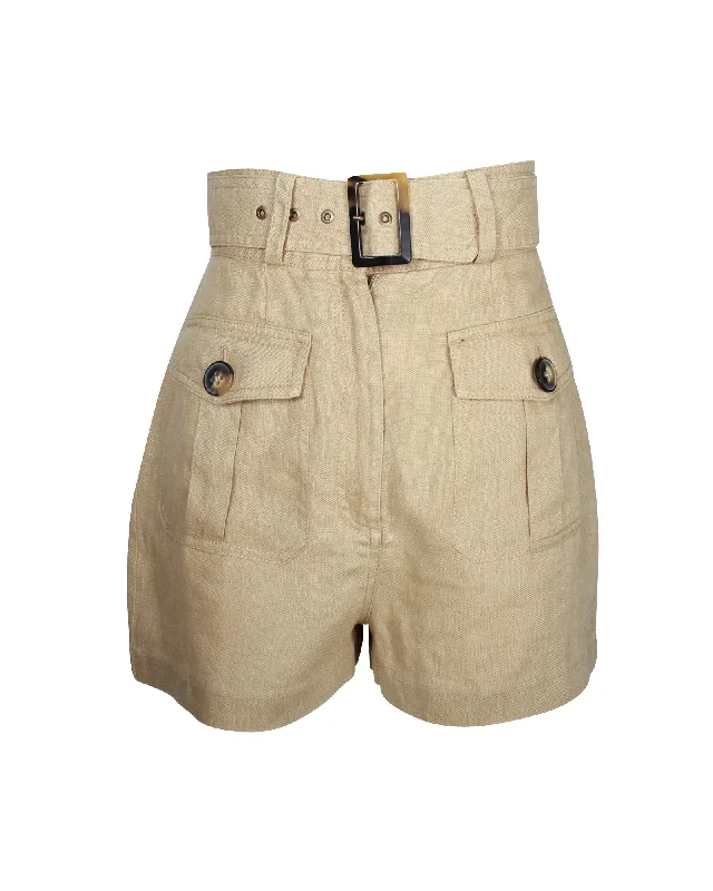 Clearance Event Zimmermann Belted High-Waist Shorts in Beige Linen