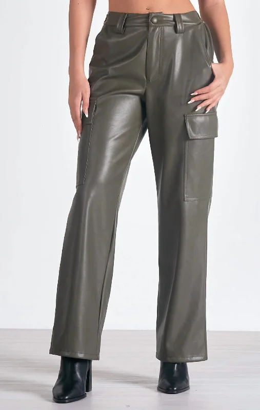 Trendy Street Style Faux Leather Cargo Pant In Olive