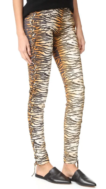 Best Sellers Animal Print Tiger Side Lace Up Dent Pants In Multicolor