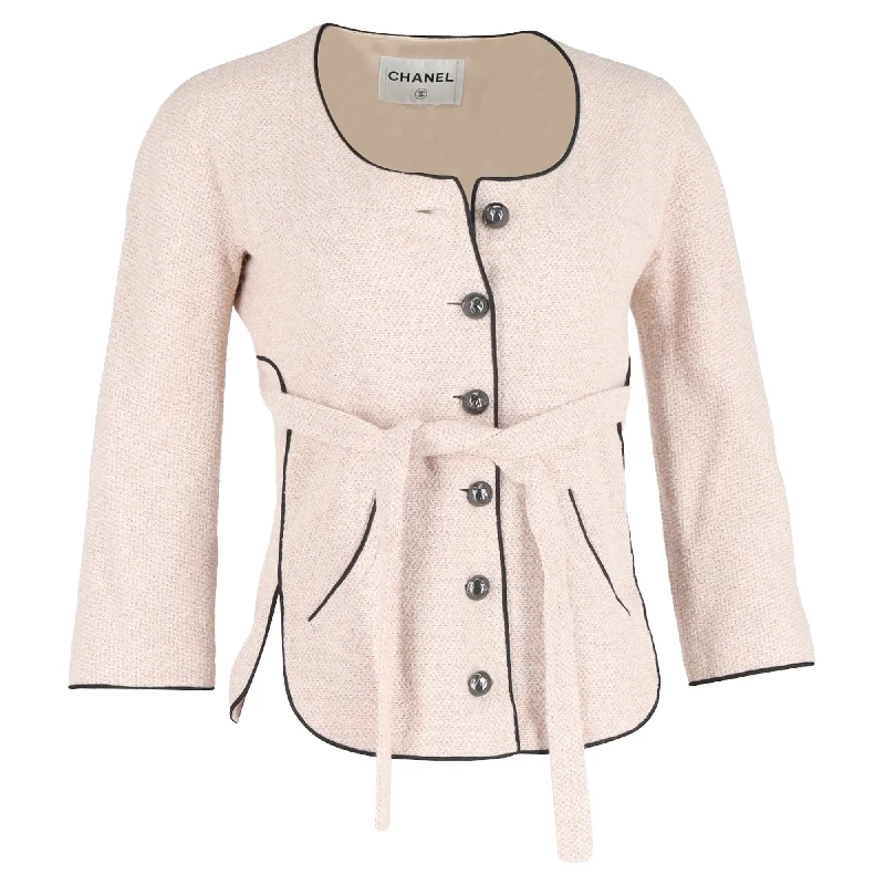 Chic Styles Chanel Tweed Single-Breasted Belted Jacket in Pink Cotton