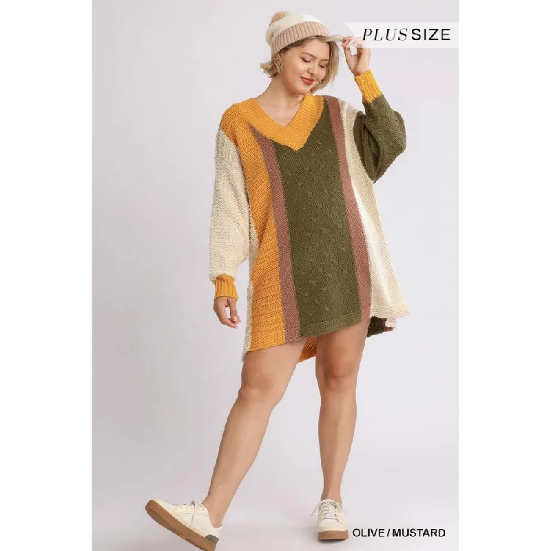 Today Only Oversized Multicolor Bouclé V-neck Pullover Sweater Dress With Side Slit