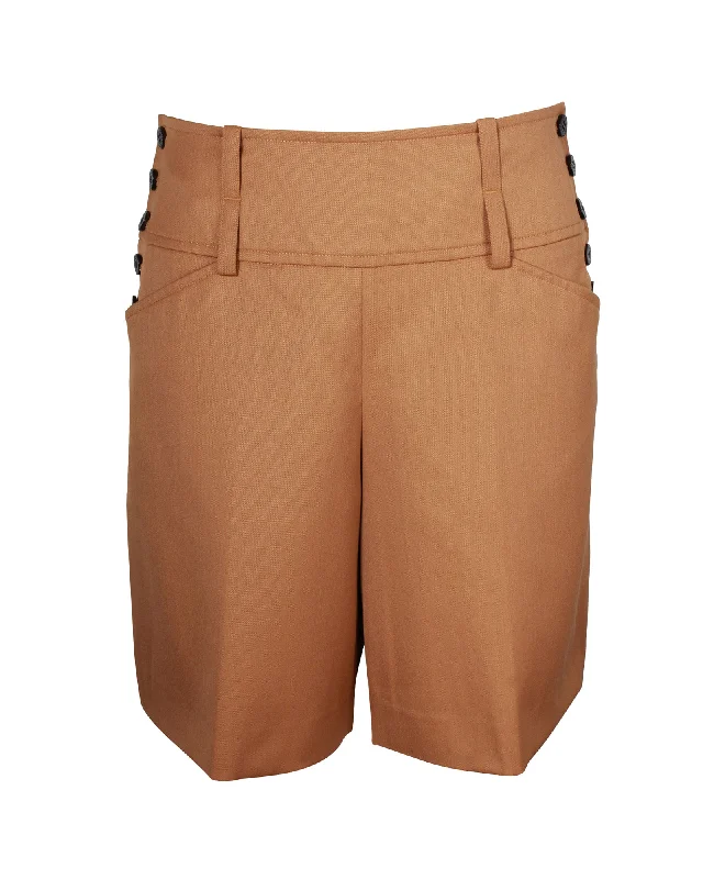 Elegant Simplicity Wardrobe Hermes Side Button Above Knee Shorts in Camel Brown Wool