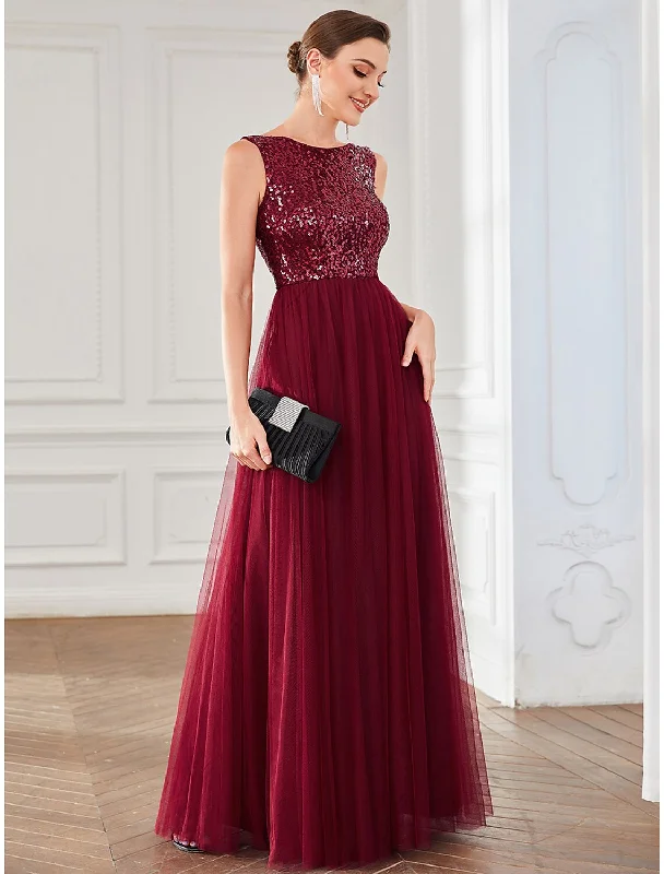 Discover Now A-Line Party Dresses Sparkle & Shine Dress Wedding Guest Birthday Floor Length Sleeveless Jewel Neck Tulle with Sequin