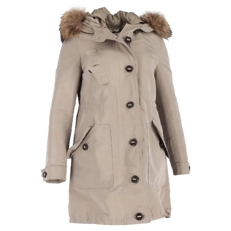 Limited Time Deal Burberry Fur Trim Buttoned Down Peacoat in Beige Polyamide