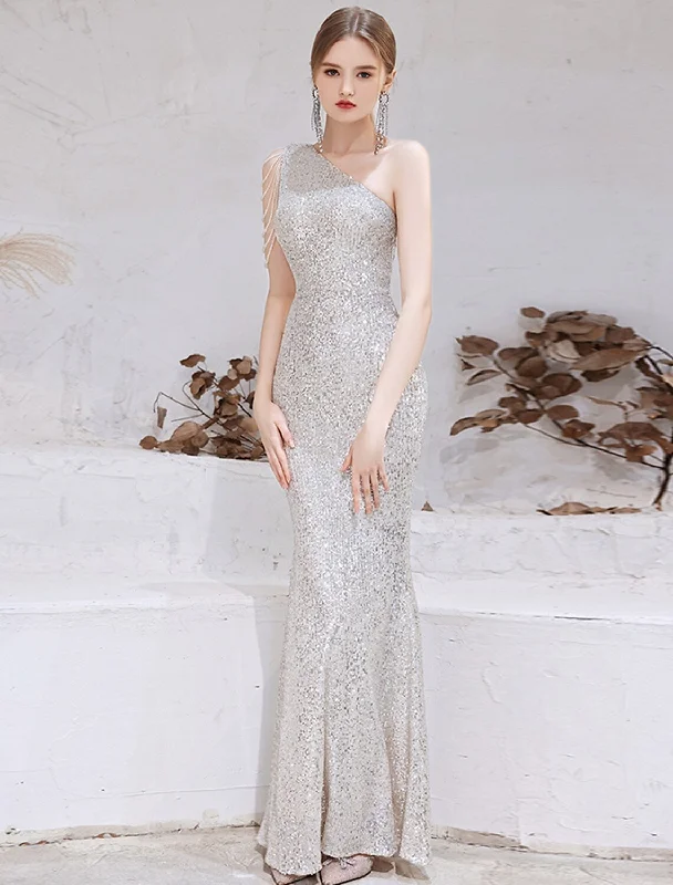 Trend Driven Wardrobe Evening Gown Dress Wedding Floor Length Sleeveless One Shoulder Sequined with Beading