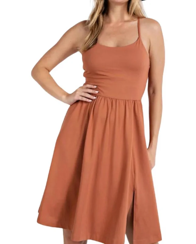 Trendy Women's Wear Collection Athleisure Slit Dress In Almond