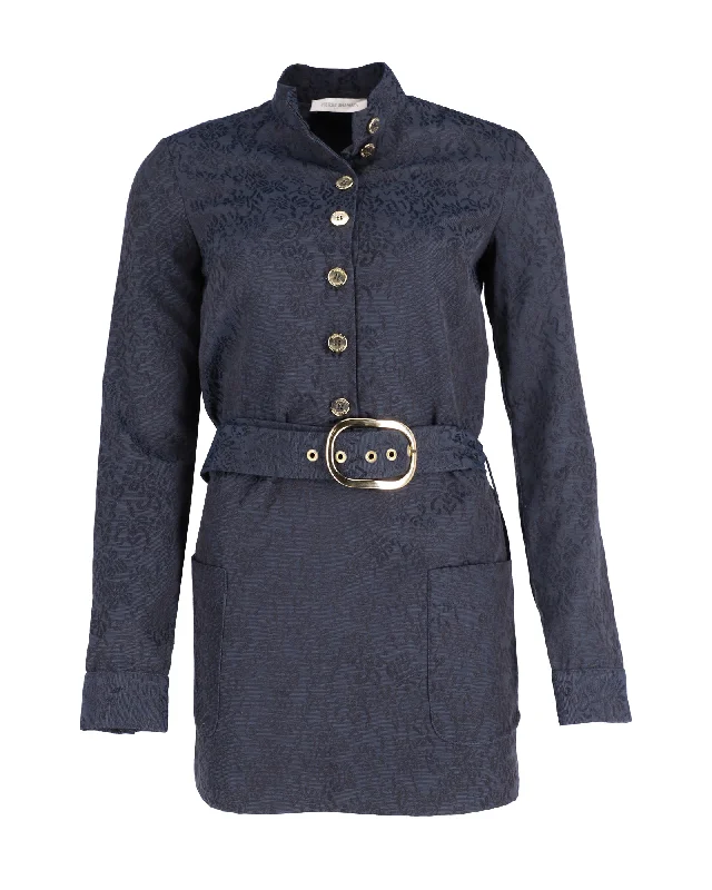 Limited Time Deal Balmain Belted Jacquard Dress with Gold-Tone Button in Navy Blue Polyester