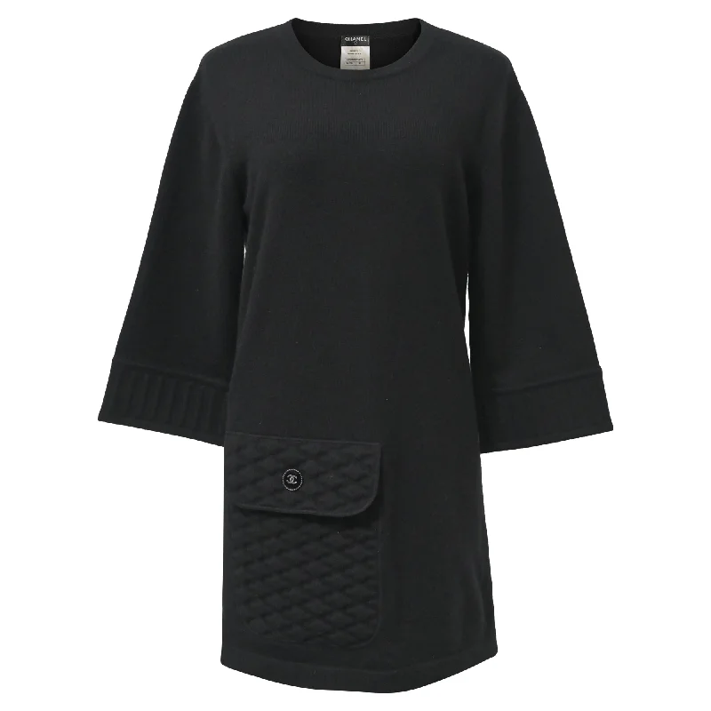 Luxe Layering Chanel Mini Crew-Neck One Pocket Dress in Black Cashmere