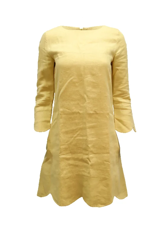 Comfortable Chic Chloe Scalloped Hem Shift Dress in Yellow Linen