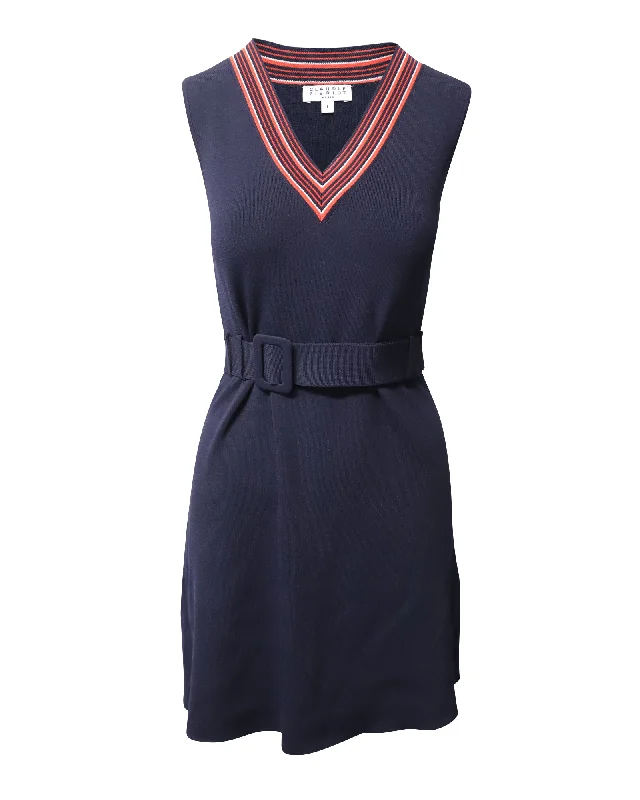 Great Prices On Feminine Styles Claudie Pierlot Striped V-neck Knitted Dress in Navy Blue Viscose