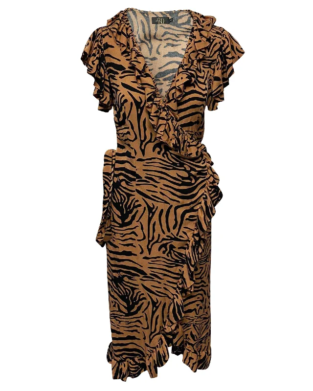 Trendy Threads De La Vali Cadaques Ruffled Animal-Print Wrap Dress in Brown Viscose