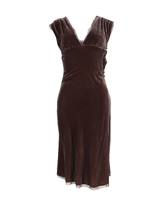 Elegant Clothing Diane Von Furstenberg Deep V-Neck Dress in Brown Rayon Velvet