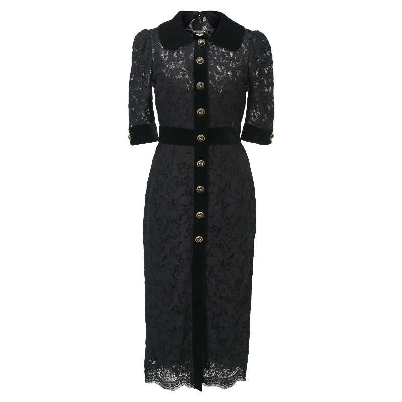 The Latest Fashion Trends Dolce & Gabbana Velvet Trim Lace Bejeweled DG Buttons Dress in Black Cotton