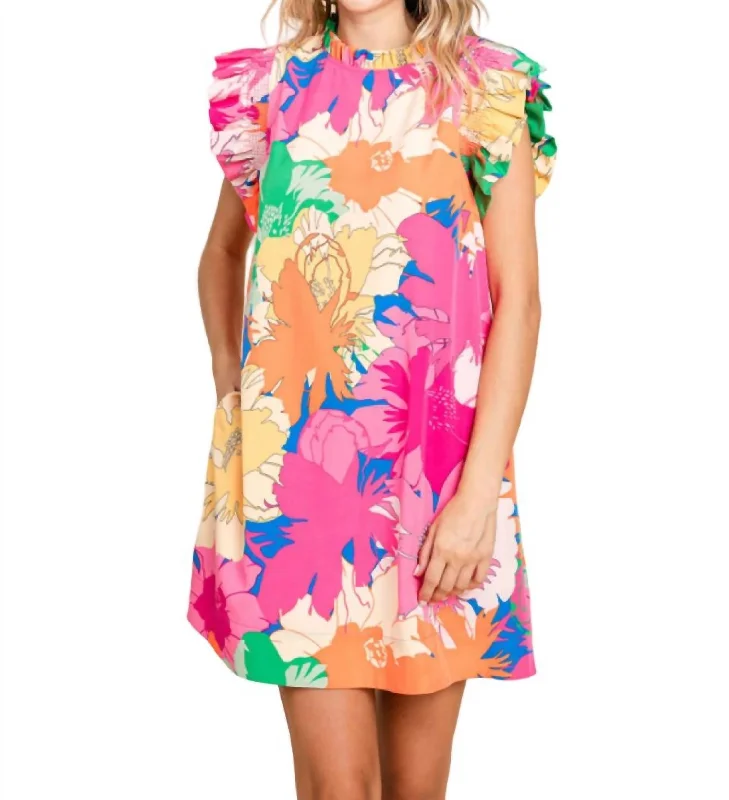 Chic Allure Flower Power Vibrant Dress In Hot Pink Mix