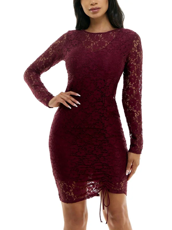 Travel Essentials Juniors Womens Lace Ruched Cocktail And Party Dress