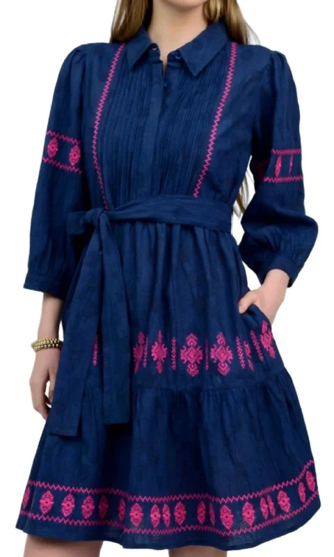 Seasonal Sale Medallion Embroidered Dress In Navy/pink