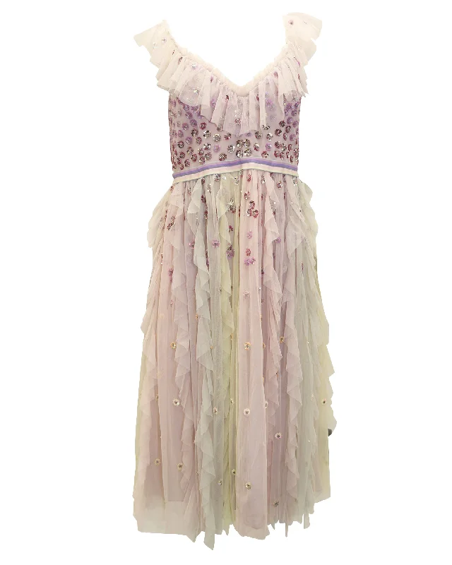 Quality Driven Apparel Needle & Thread Embellished Ruffle Dress in Pastel Purple Nylon