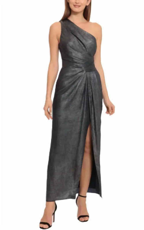 Graceful Movement One Shoulder Shimmer Long Dress In Navy/silver