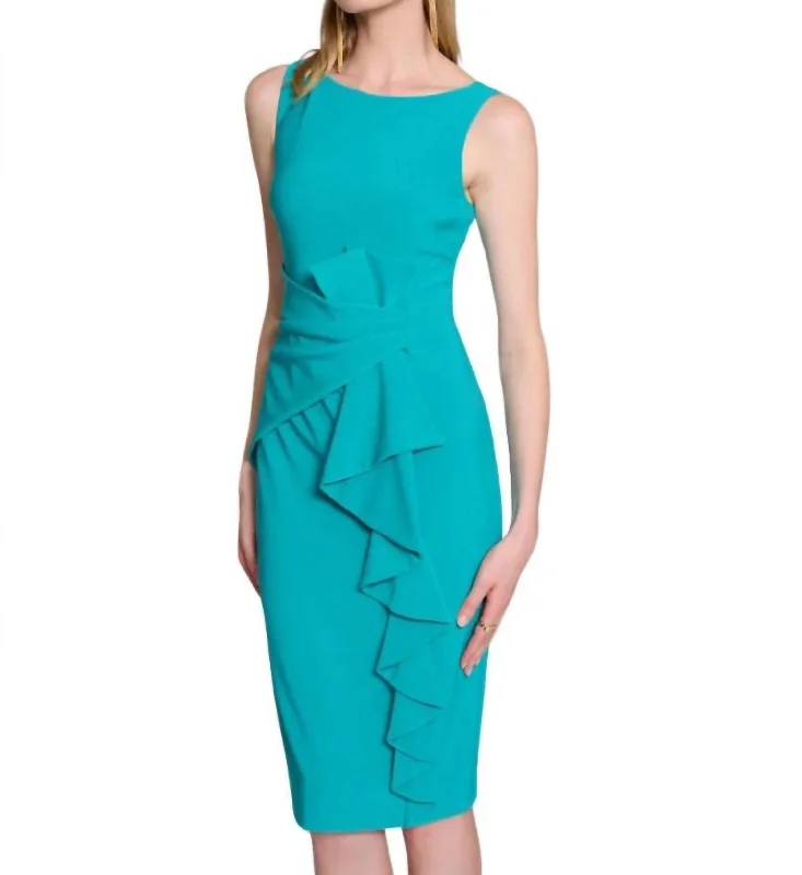 Vintage Retro Party Wear Ruffle Detail Dress In Turquoise