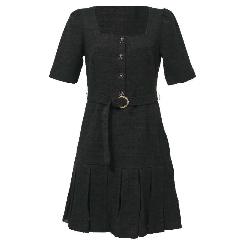 Daily Essentials Sandro Paris Pleated Mini Belted Dress in Black Cotton Tweed