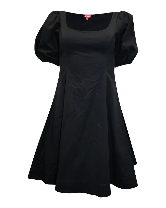 Insane Discount Onslaught Staud Puff Sleeve Fit and Flare Dress in Black Cotton