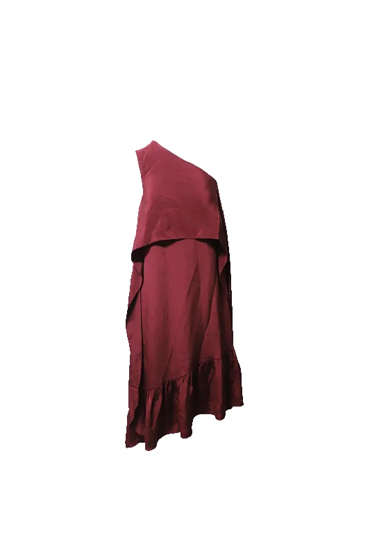 Limited Time Offer Tibi One-Shoulder Ruffle Dress in Burgundy Silk