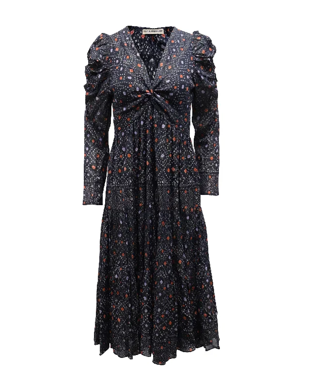 All Season Fashion Collection Ulla Johnson Miya Printed Dress with Twist Front Design in Navy Blue Viscose