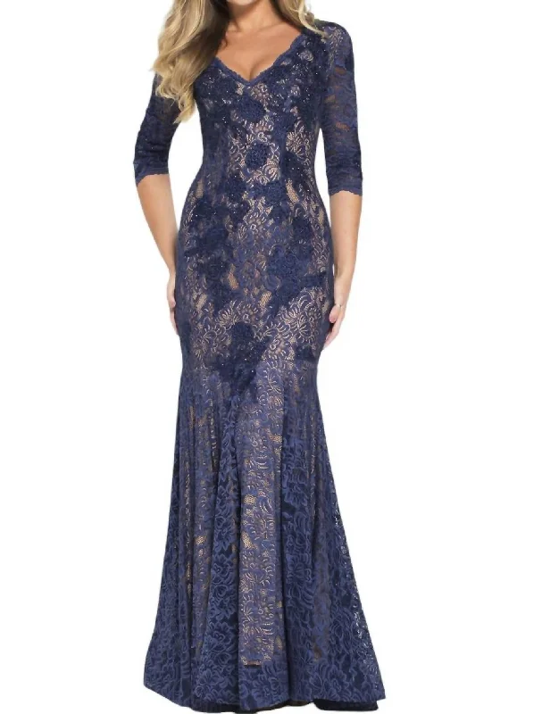 Limited Time Offer V Neck Embroidered Lace Evening Dress In Navy