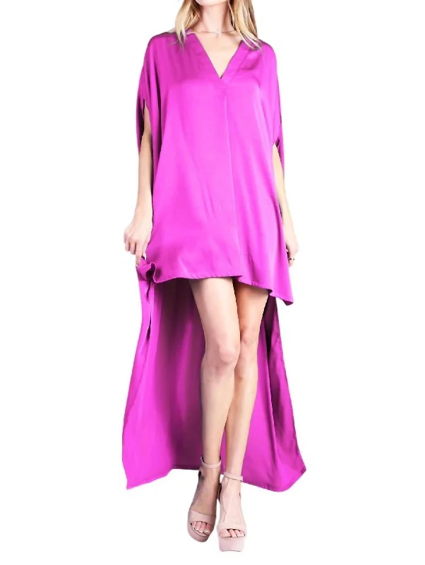 Exclusive Sale Washed Poly Silk Notched High Low Caftan Dress In Orchid